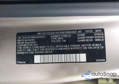 2025 Polestar 3 Long Range Dual Motor/Long Range Dual Motor Launch Edition z USA, uszkodzony, nr VIN 7SYEA3YB8SG026973